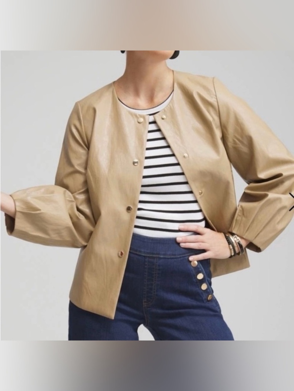 Chico’s Tan Vegan-Leather Jewel Neck Jacket